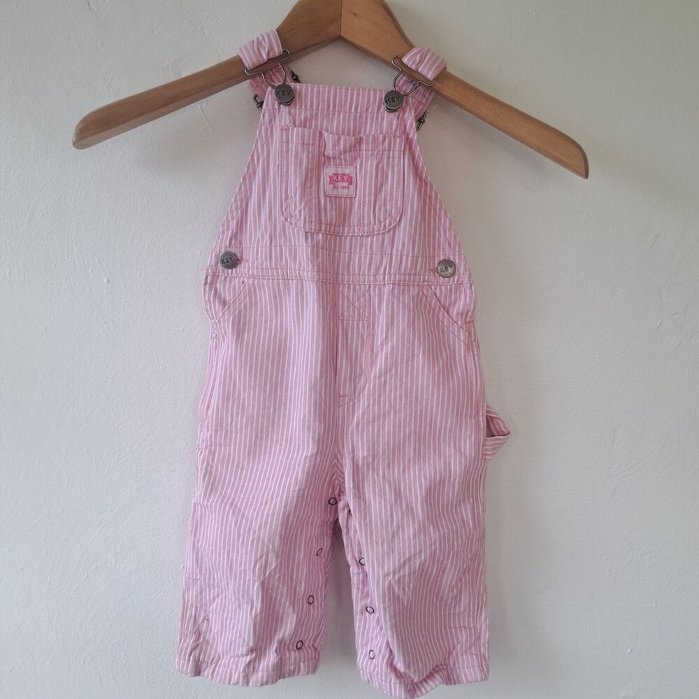Vintage Key Bib Overalls Youth Denim Pink White Railroad Striped Size 12 Toddler